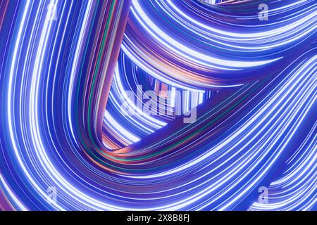 Abstract light trails creating a dynamic, flowing pattern in vibrant blue and purple hues.3d rendering Stock Photo