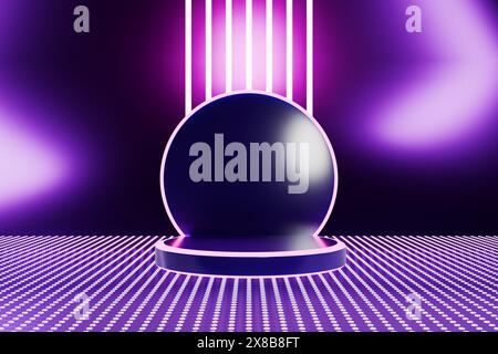 Futuristic glowing sphere with neon lights on a reflective grid background.3d rendering Stock Photo