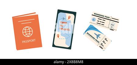 Summer vacation ticket booking set for flight trip concept background. Passport, plane tickets, passport, phone with map gps. Stock Vector