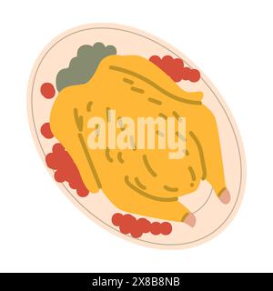 Autumn fall thanksgiving element turkey dish on plate harvest icon.Hand drawn autumn food vector illustration Stock Vector