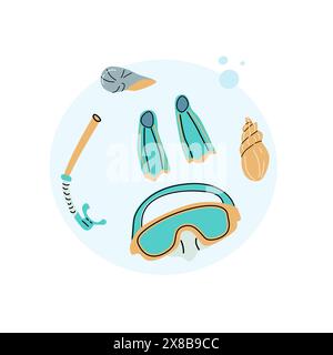 Scuba diving equipment and seashell on round background - summer vacation underwater trip banner. Can used for greeting card, postcard, poster. Stock Vector