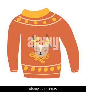 autumn fall sweater with leaves deer animal, hand drawn vector illustration for greeting card, invitations, stickers. Autumn wheater for banner or pos Stock Vector