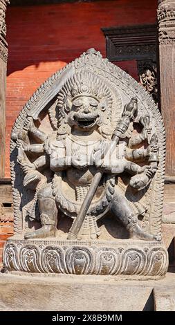 Sculpture of Bhairava on Stairs of Nyatapola Temple, Bhaktapur, Kathmandu, Nepal. Stock Photo
