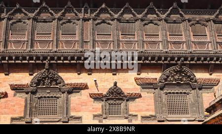 Ancient Wooden Architecture of Houses in Bhaktapur, Kathmandu, Nepal. Stock Photo