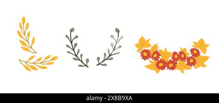 Autumn fall thanksgiving leaves composition for decoration, holiday greeting cards elements with mushroom and flowers Stock Vector