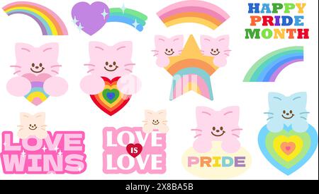 Happy Pride Month with Cat and rainbow elements for logo, icon, sticker, tattoo, pet, vet, pet shop, decorations, shirt print, love sign, symbol, toy Stock Vector