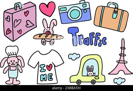 Hand drawn travel illustrations such as luggage, bag, camera, souvenir, car, Eiffel Tower, bunny doll for trip, vacation, journey, holidays, stickers Stock Vector