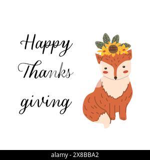 Autumn fall thanksgiving animal character with fall leaves and harvest. Wild animal greeting card for thanksgiving holiday, autumn festival, harvest c Stock Vector