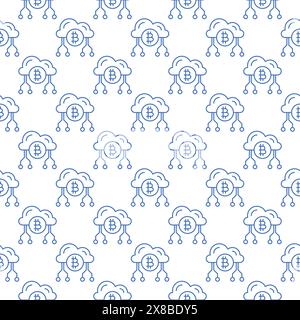 Cloud Technology with Bitcoin vector Crypto Currency concept seamless pattern in thin line style Stock Vector