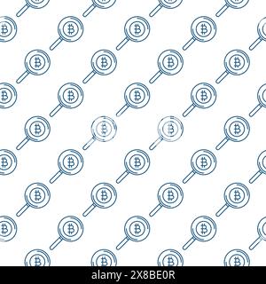 Magnifier with Bitcoin vector Cryptocurrency concept seamless pattern in outline style Stock Vector