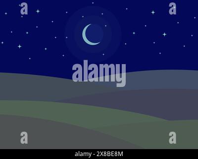 Night landscape with a crescent moon and stars. Night view of wavy green hills under the moon in a minimalist style. Design for wallpapers, banners an Stock Vector