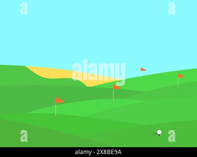 Golf field. Wavy green meadow in a minimalist style. Golf course with holes and red flags. Landscape with green field. Design for advertising products Stock Vector