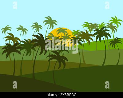 Tropical landscape with palm trees with sun. Silhouettes of palm trees on the hills. Summer time. Design of advertising booklets, banners, posters and Stock Vector