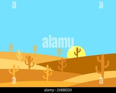 Desert landscape with cacti in a minimalist style. Mexican desert with cacti. Western landscape with desert dunes and rolling hills. Design for poster Stock Vector
