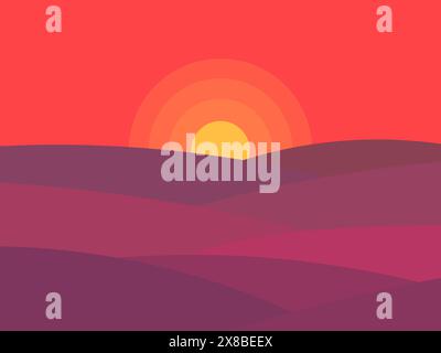 Landscape with wavy landscape and red sunset sky. Desert landscape in boho style. View of the hills. Design for wallpapers, covers, banners and poster Stock Vector