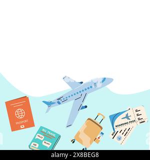 Summer vacation ticket booking concept background. Trip on plane and online service for booking ticket and hotel. Airplane, tickets, passport, phone w Stock Vector