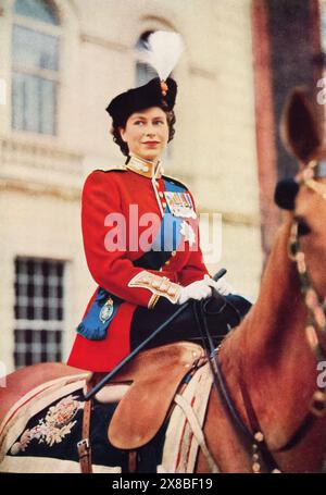 HRH Princess Elizabeth, later Queen Elizabeth II, at Trooping the Colour, 1951. His Majesty King George VI was unable to attend Trooping the Colour due to ill health, so his place was taken by his daughter, Princess Elizabeth. Princess Elizabeth rode a horse called Winston. Stock Photo