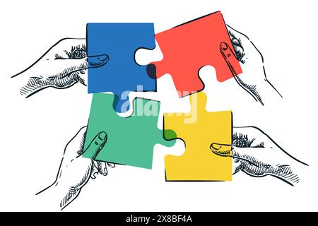 Human hands holding colorful pieces of puzzle. Vector hand drawn sketch illustration. Business team solving problem, joining and connecting jigsaw. Te Stock Vector