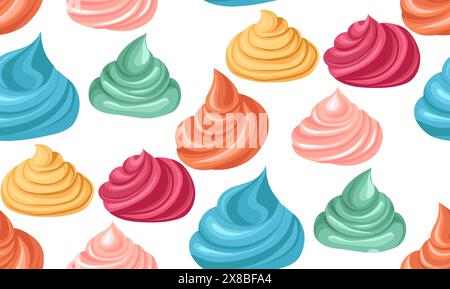 Vector seamless pattern with colorful cartoon meringues and creams on white background. Texture with sweet toppings of various flavor. Wallpaper Stock Vector