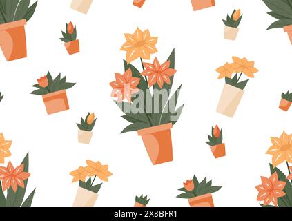 Vector seamless pattern with flowers and leaves in clay pots on white background. Texture with flat illustration of coral lilies in vases for wallpape Stock Vector