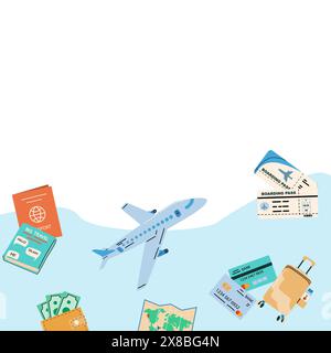 Summer vacation ticket booking concept background. Trip on plane and online service for booking ticket and hotel. Airplane, tickets, passport, phone w Stock Vector