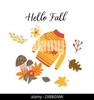 Hello Autumn fall greeting banner with foliage forest leaves. Welcome autumn banner. Invitation to new harvest season. Template for poster design, pri Stock Vector