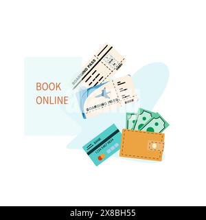 Summer vacation ticket booking concept background. Trip on plane and online service for booking ticket and hotel. Airplane, tickets, passport, phone w Stock Vector