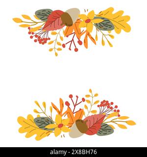 Autumn fall thanksgiving leaves composition for decoration, holiday greeting cards elements with mushroom and flowers Stock Vector