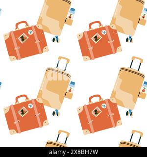 Seamless pattern with touristic items luggage, tickets and plane. Endless texture about trip and flight. Flat vector illustration Stock Vector