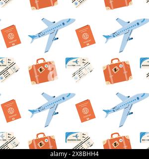 Seamless pattern with touristic items luggage, tickets and plane. Endless texture about trip and flight. Flat vector illustration Stock Vector