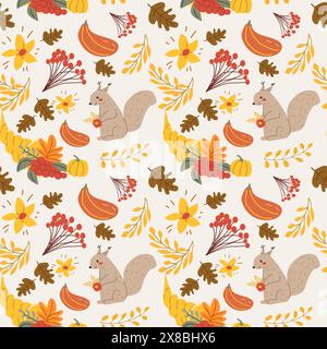 Autumn fall thankgiving pattern with cartoon characters, thanksgiving holiday background, fall wild animal squirrel, seasonal food with pumkin. Stock Vector