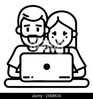 A man and a woman sitting in front of a laptop, working together Stock Vector