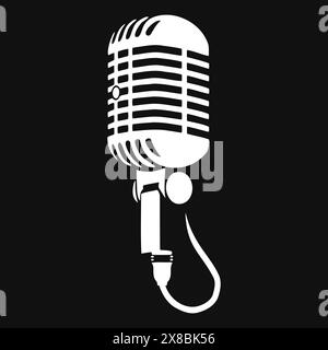 A white microphone stands against a black backdrop Stock Vector