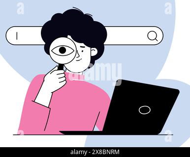 Curious woman looking through magnifier glass. Stock Vector