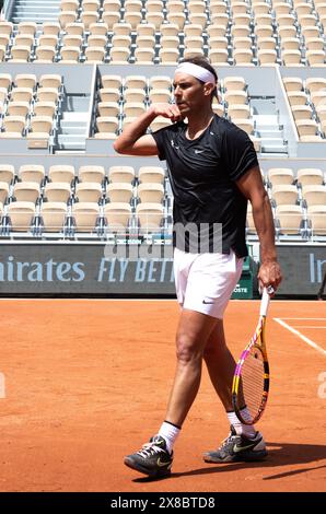 Paris, France. 24th May, 2024. Rafael Nadal of Spain reacts during a training session at Roland Garros, Paris, France, May 24, 2024. Credit: Meng Dingbo/Xinhua/Alamy Live News Stock Photo