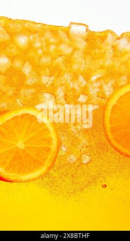 Poster. Textured photo. Festive arrangement of citrus fruit, orange slices floating in celebratory drink. Abstract wallpaper. Stock Photo