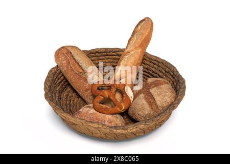 3D rendering of loaves of bread in an old wicker basket. 3D illustration of bread basket isolated on white background. Stock Photo