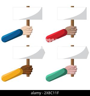 Hands of multiple ethnicities holding up placards with space for your text, choices, differences or opposites concept isolated on white Stock Vector
