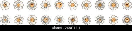 Cute daisy flower face with smiley emoji. Retro groovy cartoon character with happy expression. Y2K graphic sticker. Flat vector illustration isolated Stock Vector