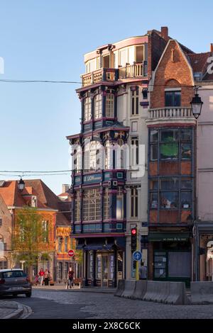 Lille, France - June 22 2020: Imposing facade of a building with a bow window dating from the 17th-18th century on the Place du Lion-d'Or. Stock Photo