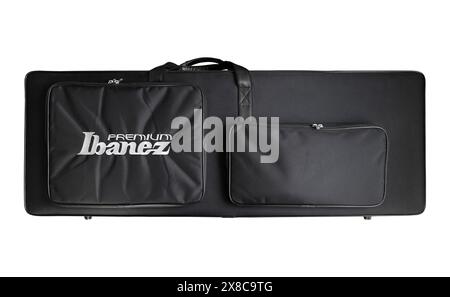 Details of the ibanez electric guitar case and bag made of sturdy black fabric, isolated on white background, Istanbul Turkey April 10 2024 Stock Photo