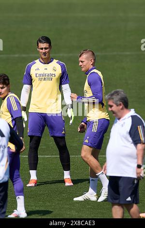 Madrid, Spain. 24th May, 2024. Real Madrid CF players warm up during the training session on the eve of the 2023/2024 La Liga EA Sports week 38 football match between Real Madrid CF and Real Betis Balompie at Real Madrid CF training ground. Credit: SOPA Images Limited/Alamy Live News Stock Photo