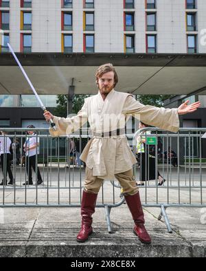 London, UK. 24th May, 2024. A participant poses as Han Solo from Star Wars. MCM Comic Con returns to London's ExCel this weekend. Cosplayers, fans of anime, comics, games and film come together for this large three day event from 24-26 May. Credit: Imageplotter/Alamy Live News Stock Photo