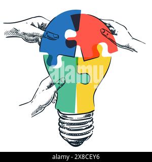 Human hands joining light bulb shape colorful puzzle. Vector hand drawn sketch illustration. Business team solving problem connecting pieces of jigsaw Stock Vector