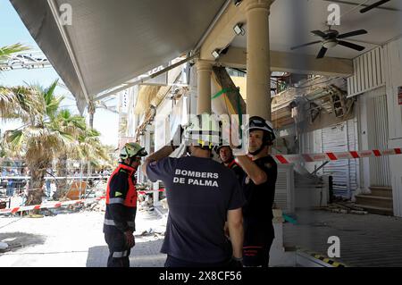 Palma, Spain. 24th May, 2024. Firefighters work on the Medusa Beach Club building after it collapsed. Two German women and two other people died in the collapse of the restaurant on Playa de Palma in Mallorca. Credit: Clara Margais/dpa/Alamy Live News Stock Photo