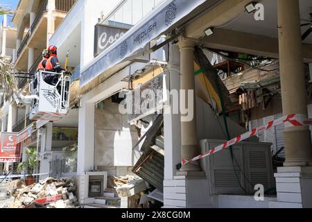 Palma, Spain. 24th May, 2024. Firefighters work on the Medusa Beach Club building after it collapsed. Two German women and two other people died in the collapse of the restaurant on Playa de Palma in Mallorca. Credit: Clara Margais/dpa/Alamy Live News Stock Photo