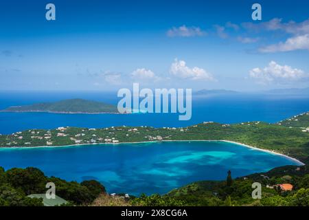 Aerial view of Magens Bay Beach and Petersborg from Mountain Top. Stock Photo