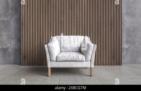 Elegant white armchair  stylish sparse interior with  striped brown wall background Stock Photo