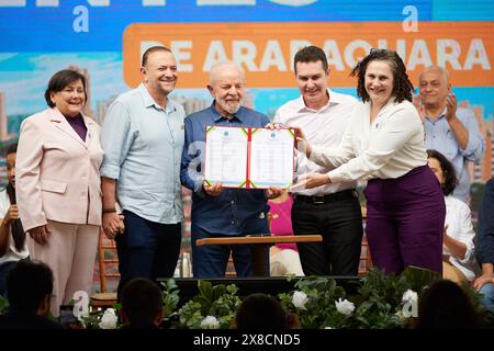 Araraquara, Brazil. 24th May, 2024. The President of Brazil Luiz Inacio Lula da Silva takes part in an event to sign the release of investments totalling R$143 million for flood-fighting works in the city of Araraquara, Sao Paulo, Brazil, on May 24, 2024. (Photo by Igor do Vale/Sipa USA) Credit: Sipa USA/Alamy Live News Stock Photo