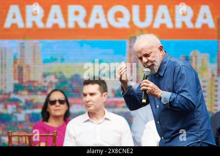 Araraquara, Brazil. 24th May, 2024. The President of Brazil Luiz Inacio Lula da Silva takes part in an event to sign the release of investments totalling R$143 million for flood-fighting works in the city of Araraquara, Sao Paulo, Brazil, on May 24, 2024. (Photo by Igor do Vale/Sipa USA) Credit: Sipa USA/Alamy Live News Stock Photo